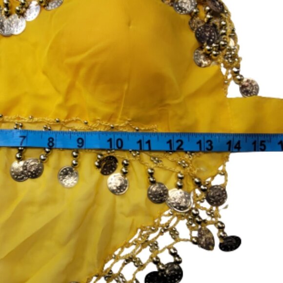 Yellow Belly Dancing Top Crocheted with Gold Beads Coins Halter Crop Top - Picture 5 of 7